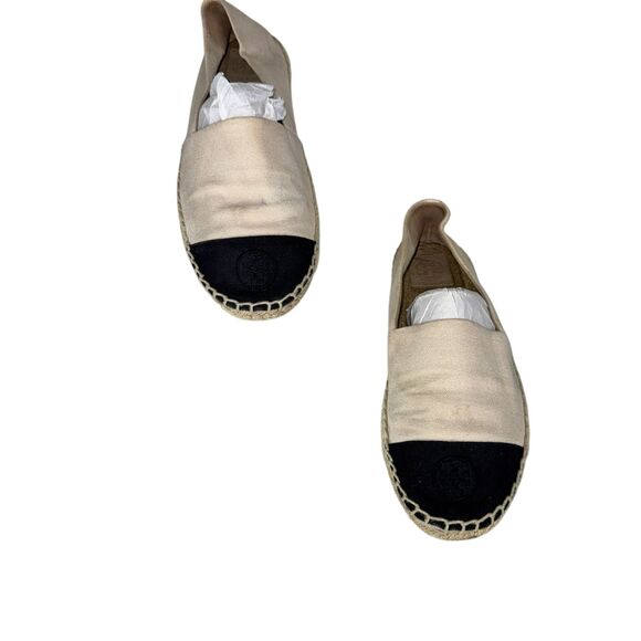 Tory Burch Canvas Color Block Flat Espadrille size 10.5 Black And Tan - Picture 1 of 7